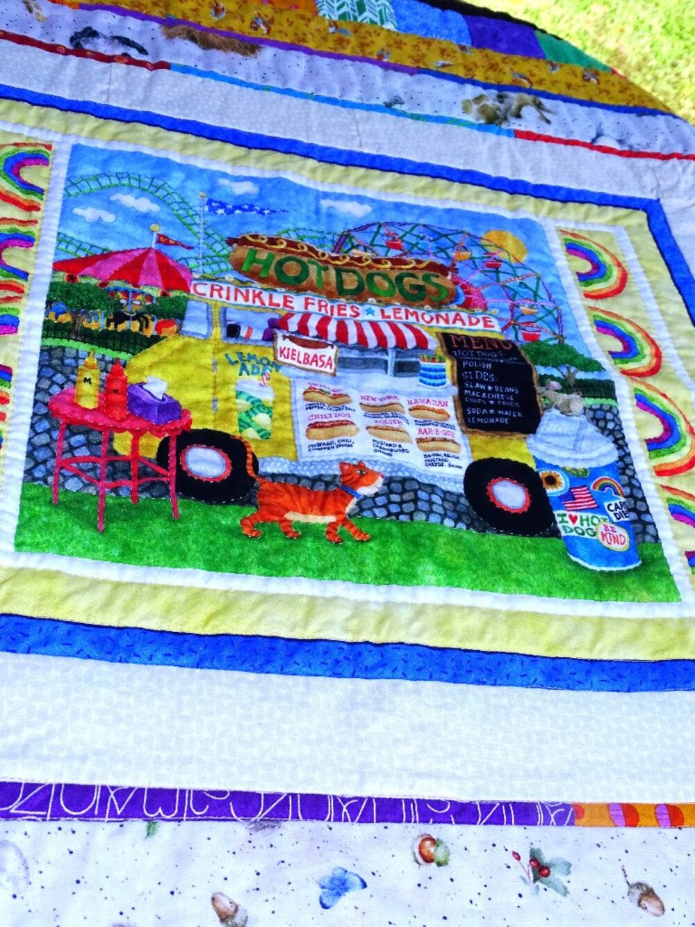 Handcrafted Colorful Lap Quilt 33" x 32 1/2" Carnival Theme Never Used